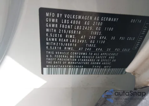 2015 Volkswagen Tiguan S z USA, uszkodzony, nr VIN WVGAV7AX9FW529569